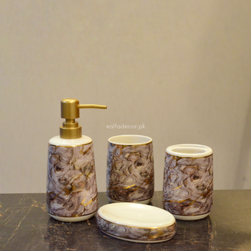 Marble Pattern Bathroom Accessories Set – 4-Piece Ceramic Soap Dispenser & Organizer by Alfa Decor