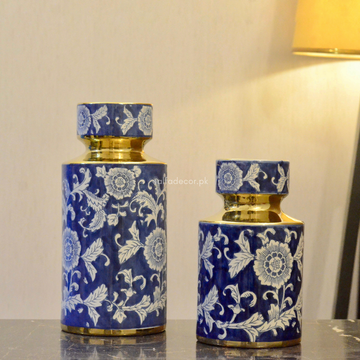 Royal Blue & Gold Floral Ceramic Jars – Elegant Home Decor by Alfa Decor