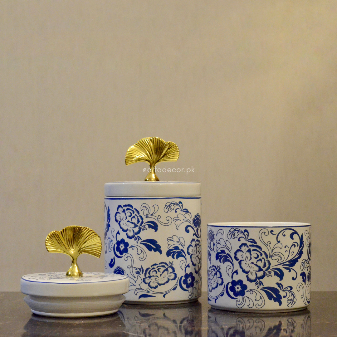 White & Blue Floral Ceramic Jars with Golden Leaf Lid