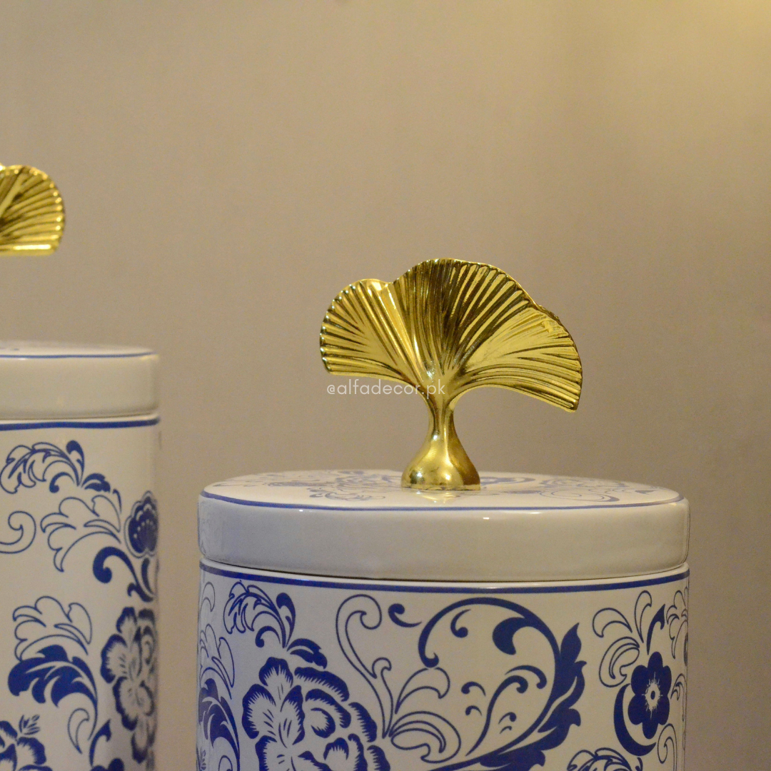 White & Blue Floral Ceramic Jars with Golden Leaf Lid