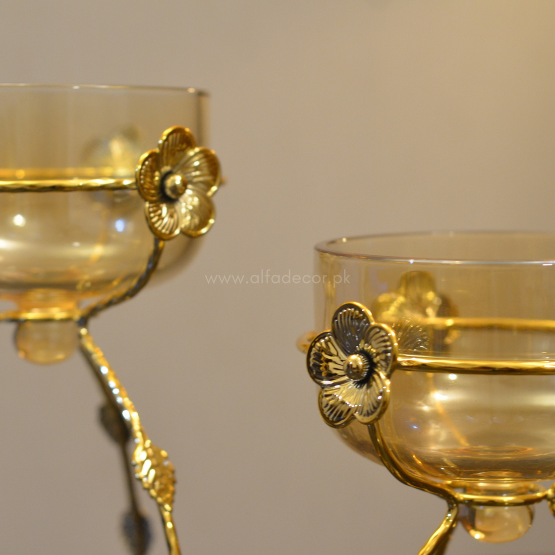 Golden Floral Glass Bowls – Elegant Duo on Designer Stand