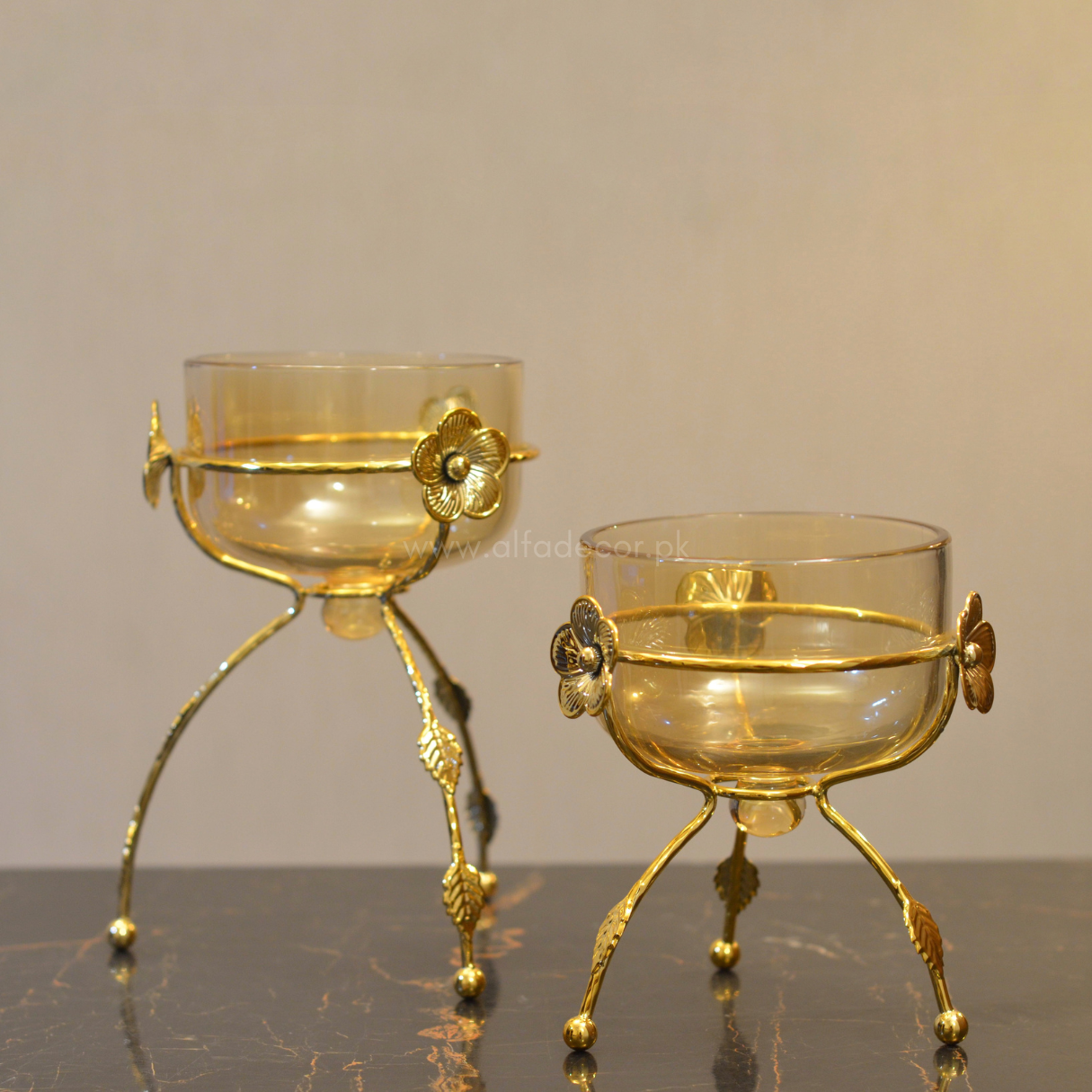 Golden Floral Glass Bowls – Elegant Duo on Designer Stand - ALFA DECOR