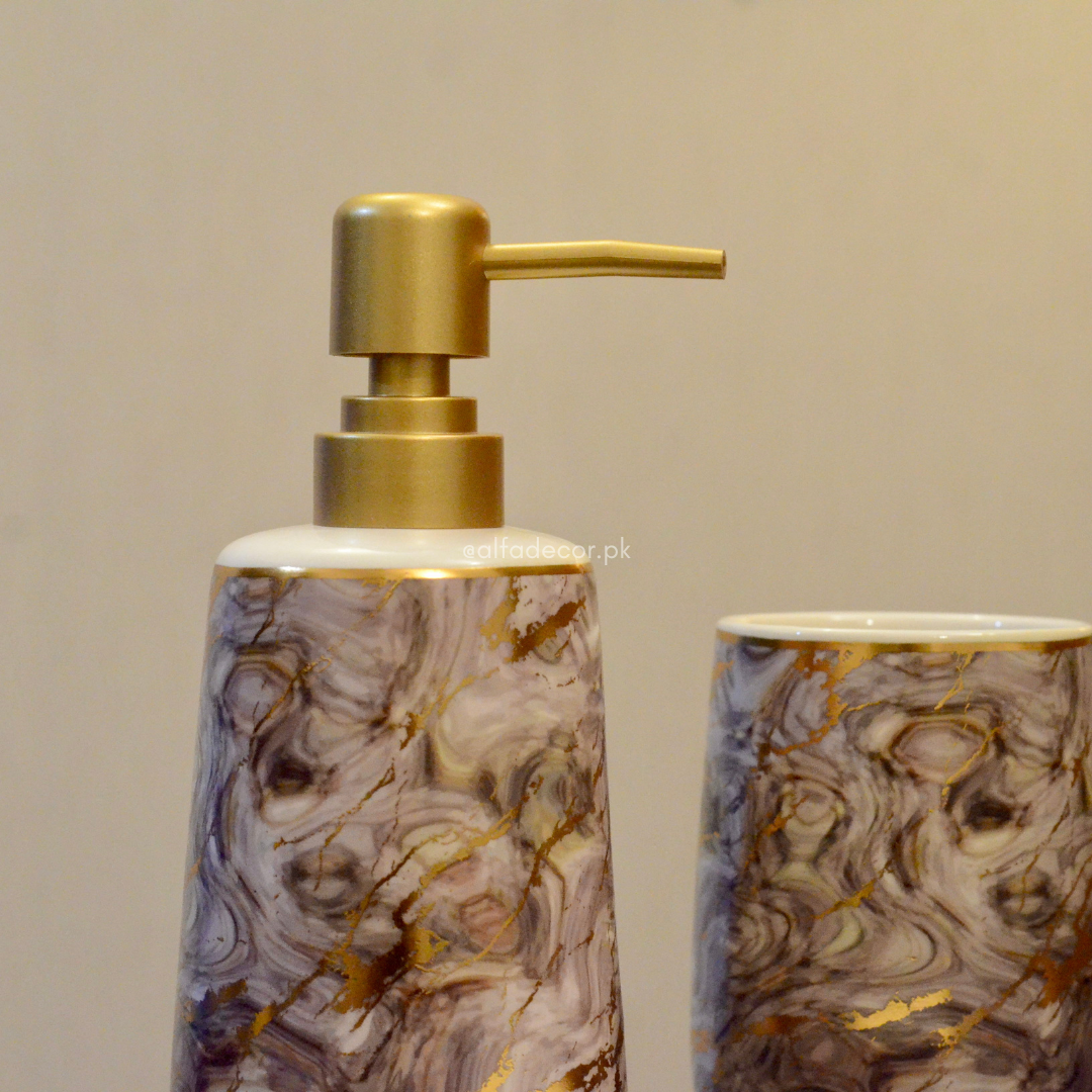 Marble Pattern Bathroom Accessories Set – 4-Piece Ceramic Soap Dispenser & Organizer by Alfa Decor
