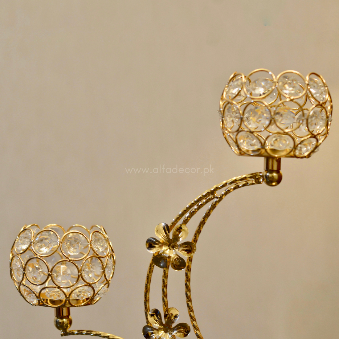 Golden Crystal Triple Candle Stand – Luxurious Floral Arc Design