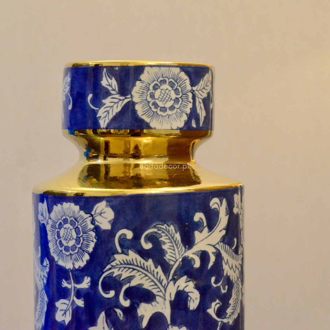 Royal Blue & Gold Floral Ceramic Jars – Elegant Home Decor by Alfa Decor