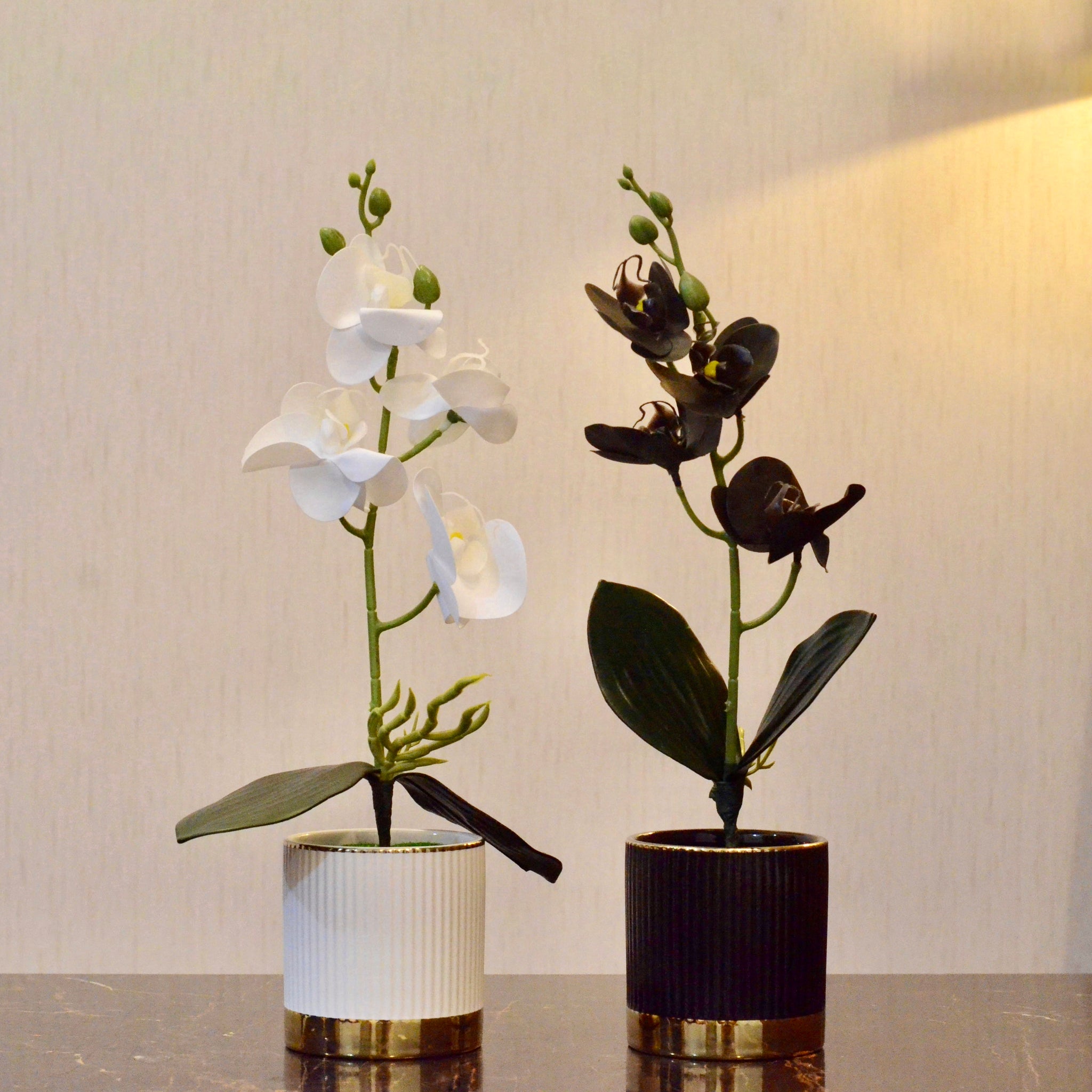 Faux Orchid Arrangement in Ceramic Pot - Premium Engraved Elegance