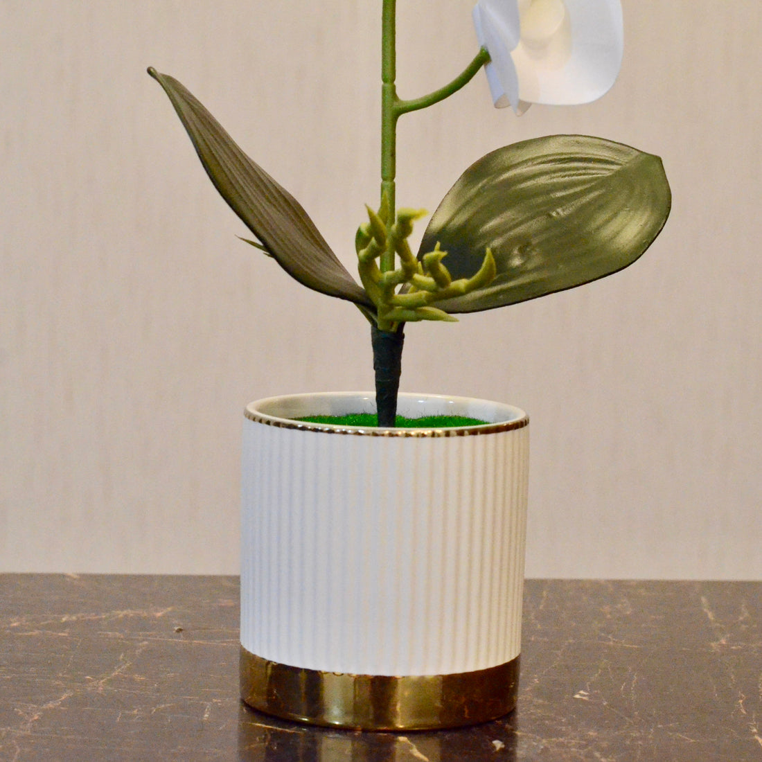 Faux Orchid Arrangement in Ceramic Pot - Premium Engraved Elegance
