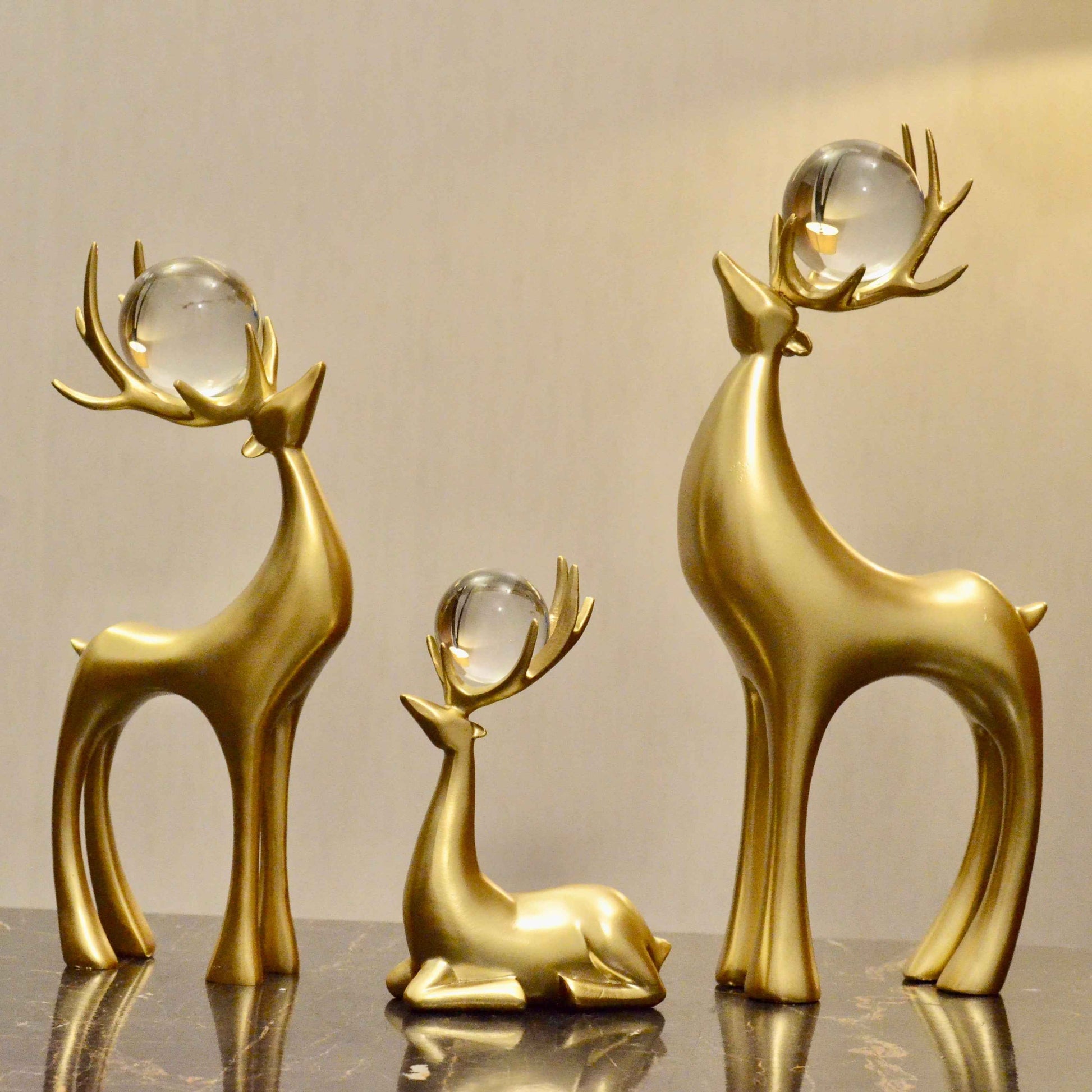 Golden Crystal Reindeer Figurines – Premium Textured Finish (Set of 3)