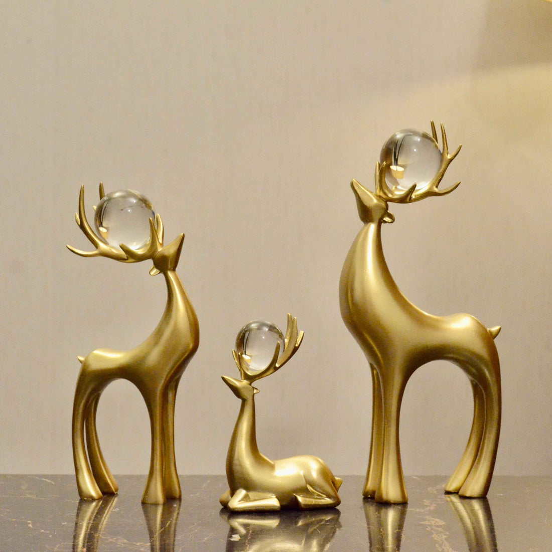 Golden Crystal Reindeer Figurines – Premium Textured Finish (Set of 3)