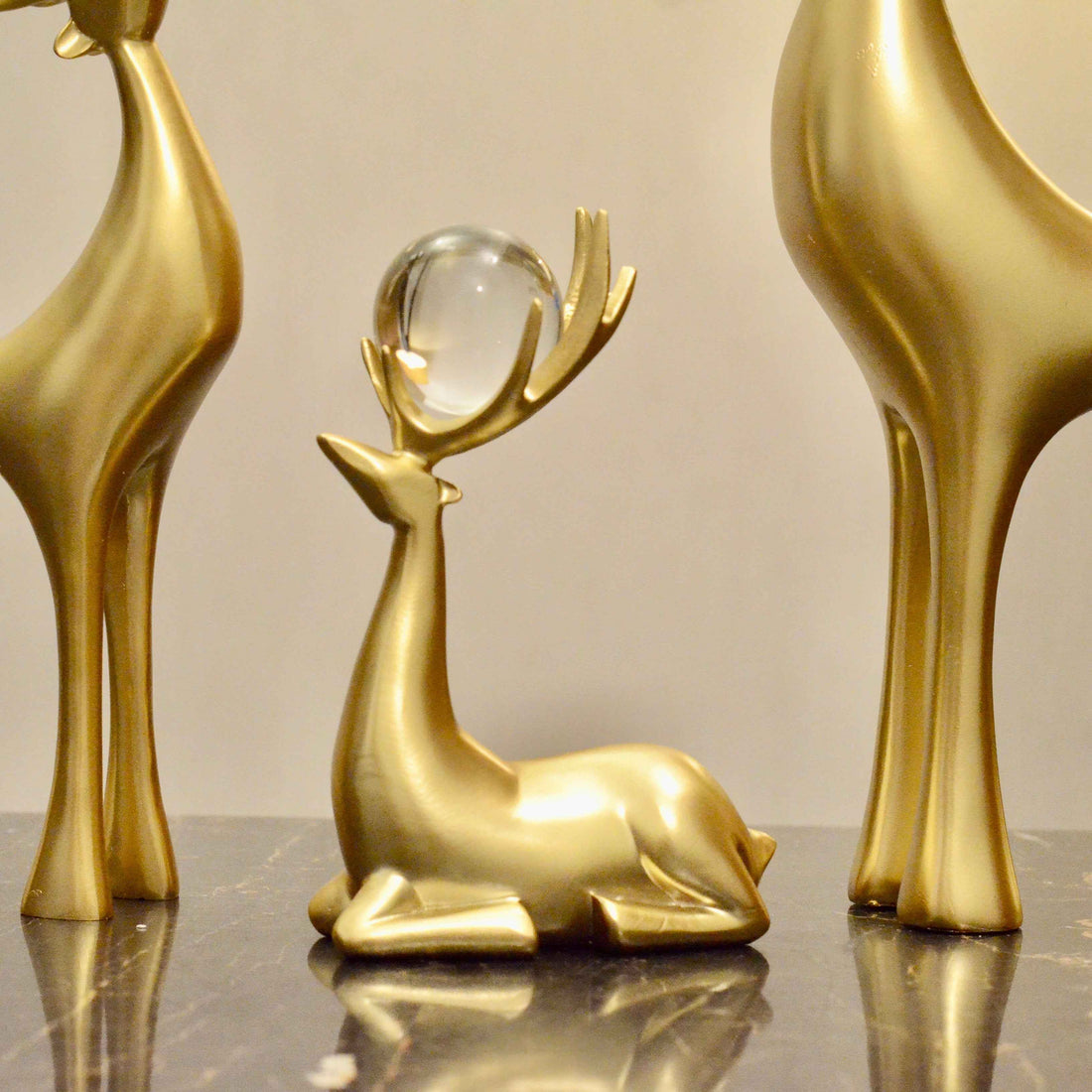 Golden Crystal Reindeer Figurines – Premium Textured Finish (Set of 3)