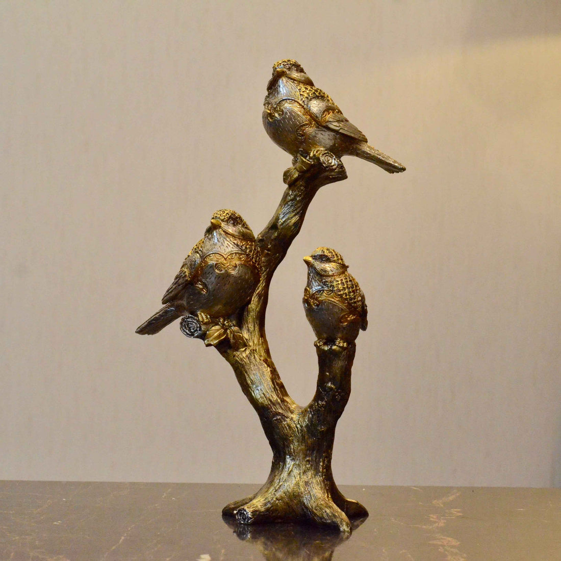 Gilded Whispers of Flight: Birds on a Trunk – Premium Textured Finish