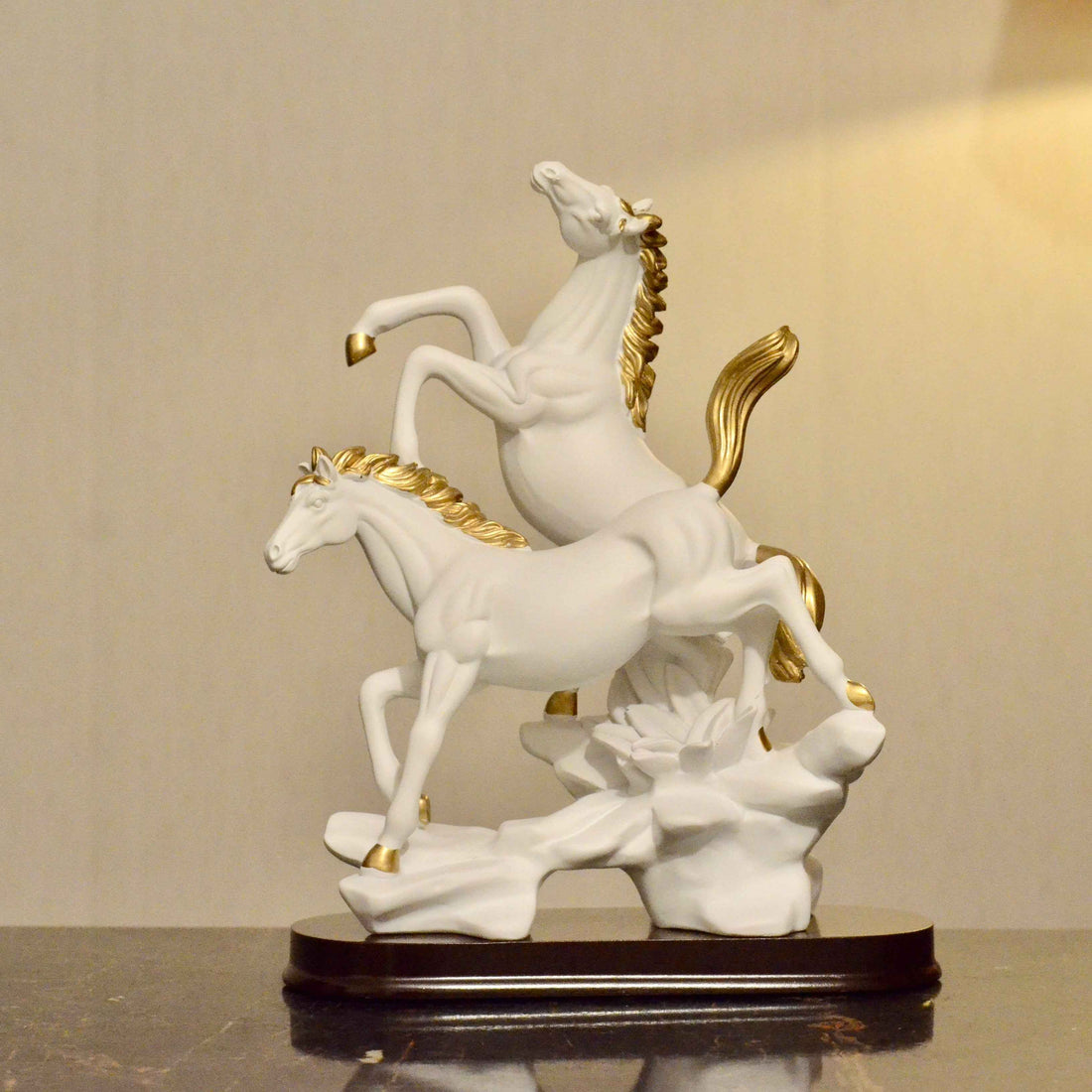 Majestic Duo: White & Golden Horse Sculpture