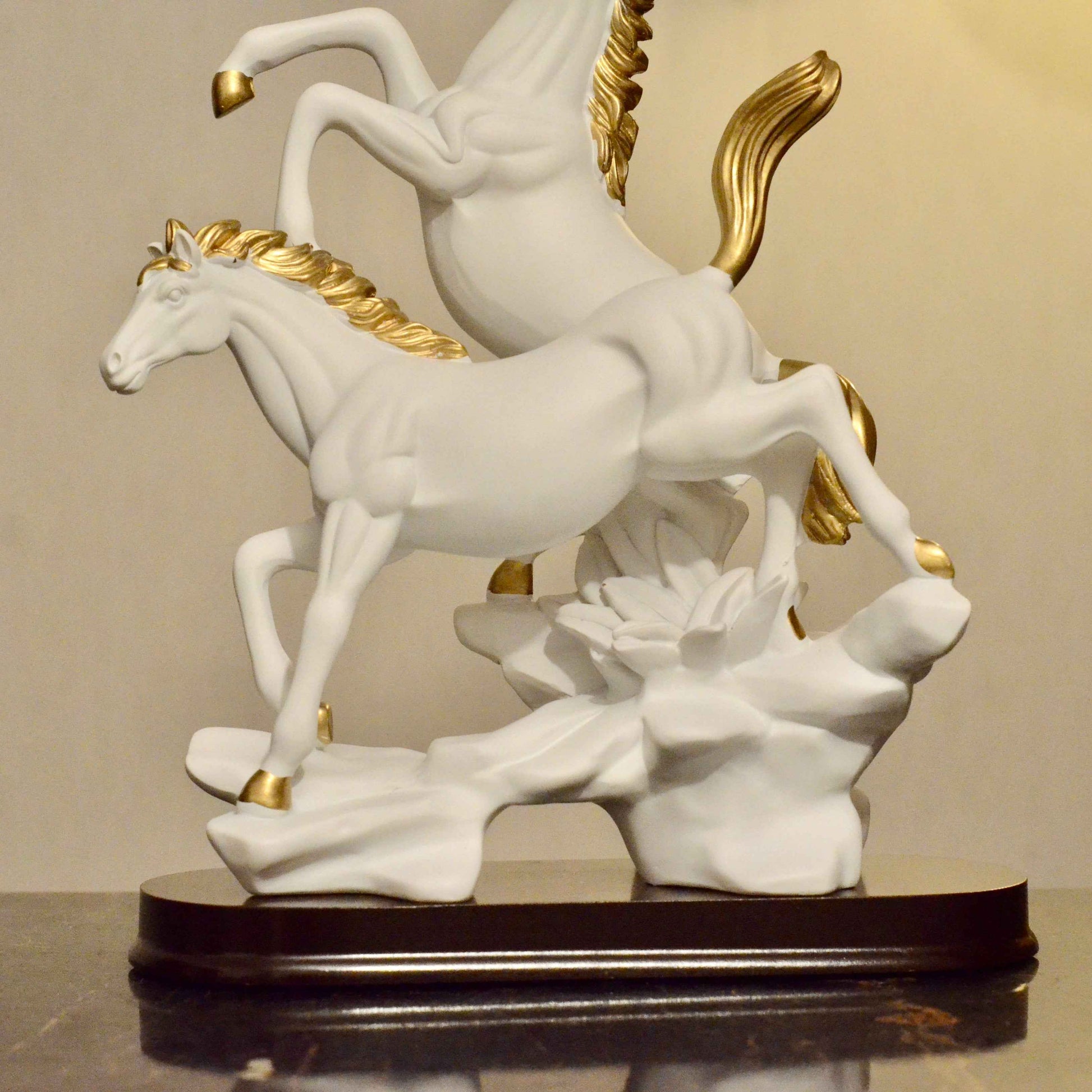 Majestic Duo: White & Golden Horse Sculpture