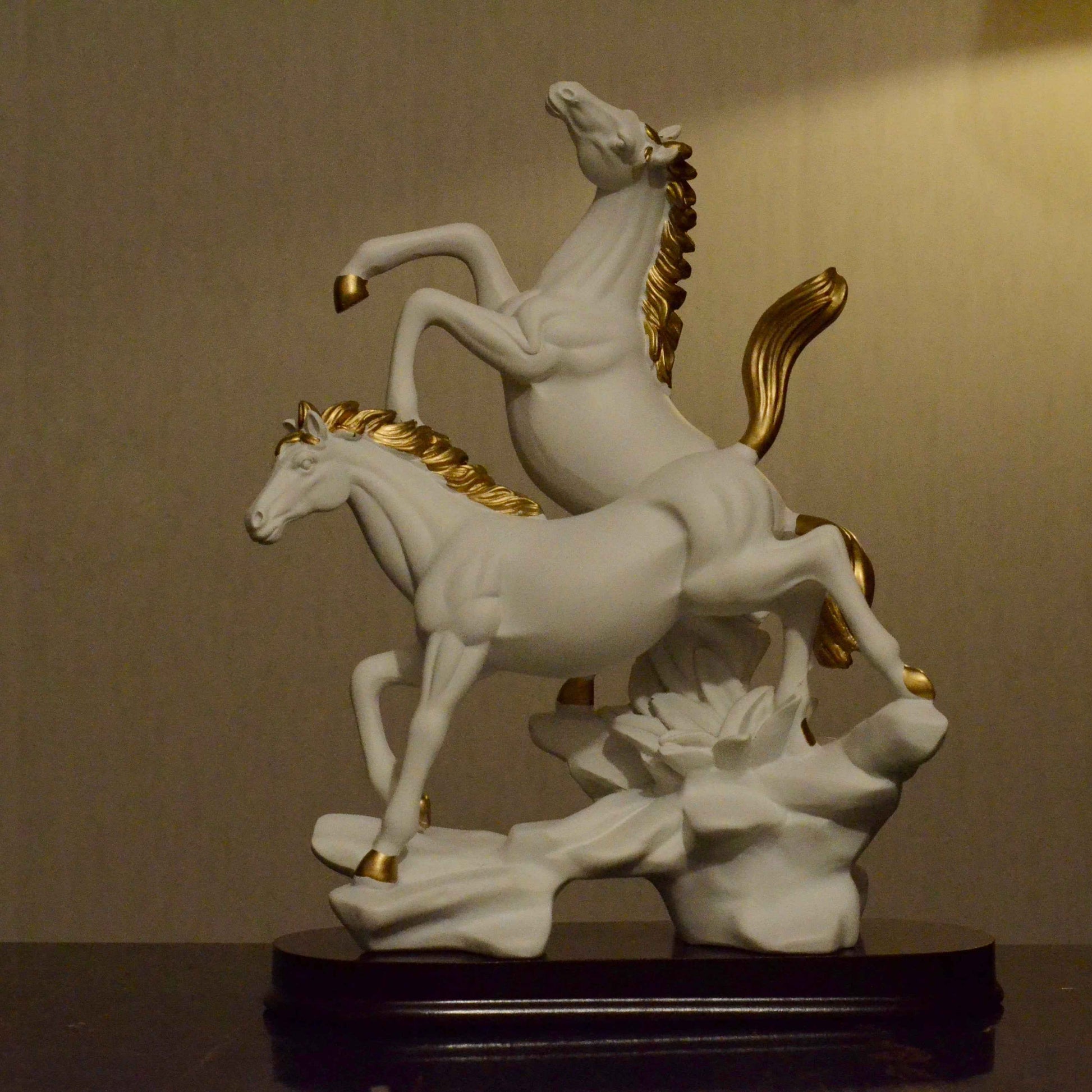 Majestic Duo: White & Golden Horse Sculpture