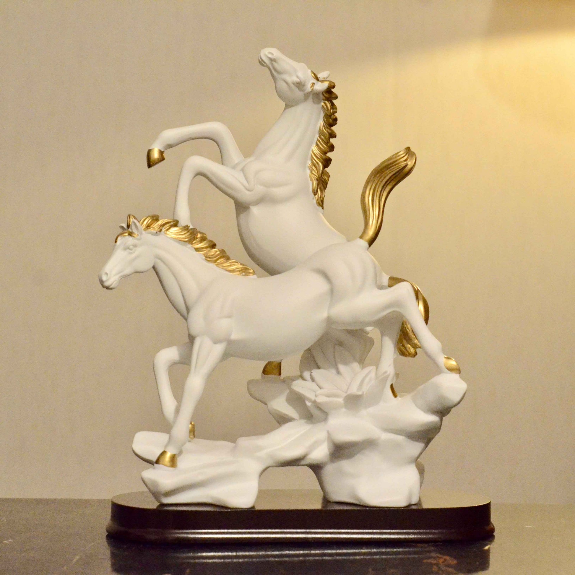 Majestic Duo: White & Golden Horse Sculpture