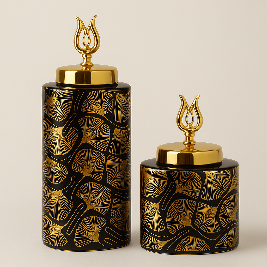 Luxury Black & Gold Ginkgo Ceramic Jars