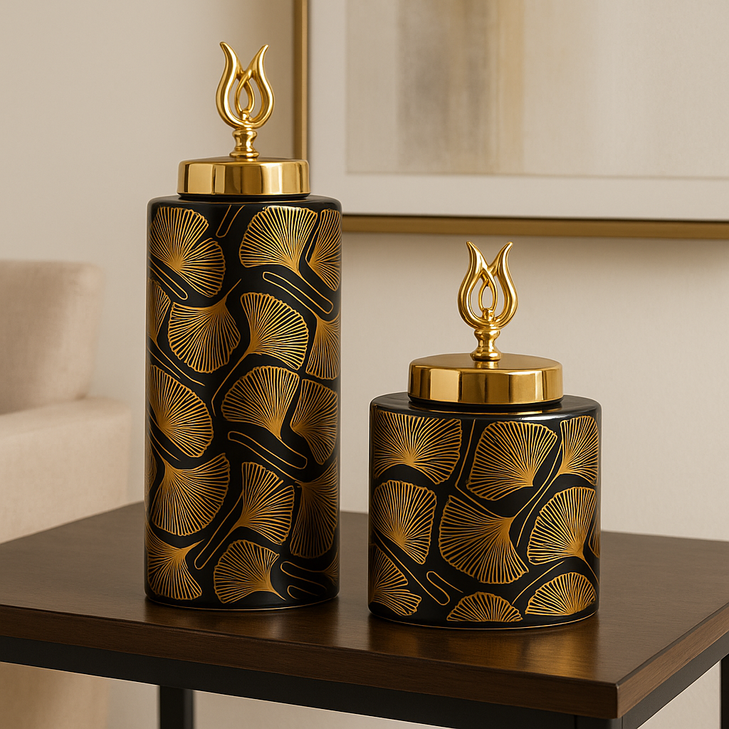 Luxury Black & Gold Ginkgo Ceramic Jars