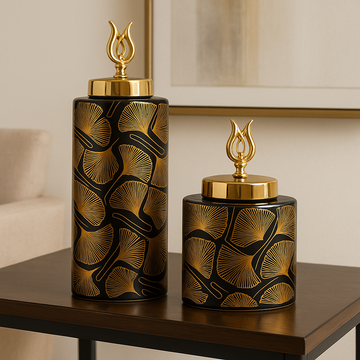 Luxury Black & Gold Ginkgo Ceramic Jars
